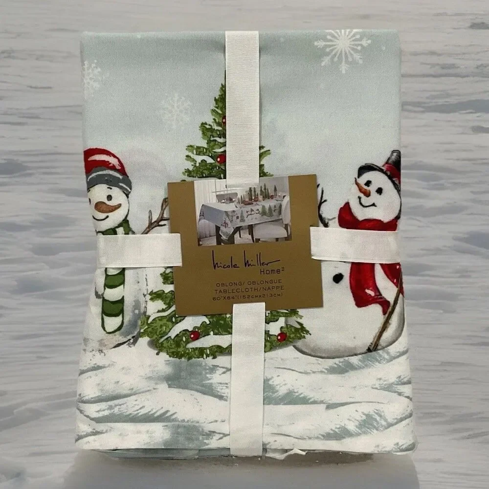 Nicole Miller Holiday Christmas Tree Snowman Nature 60x84 Oblong Tablecloth NWT
